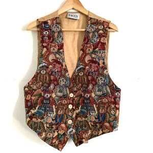 Facets By Mirrors Teddy Bear Tapestry Button Vest Made In USA Size Large Novelty